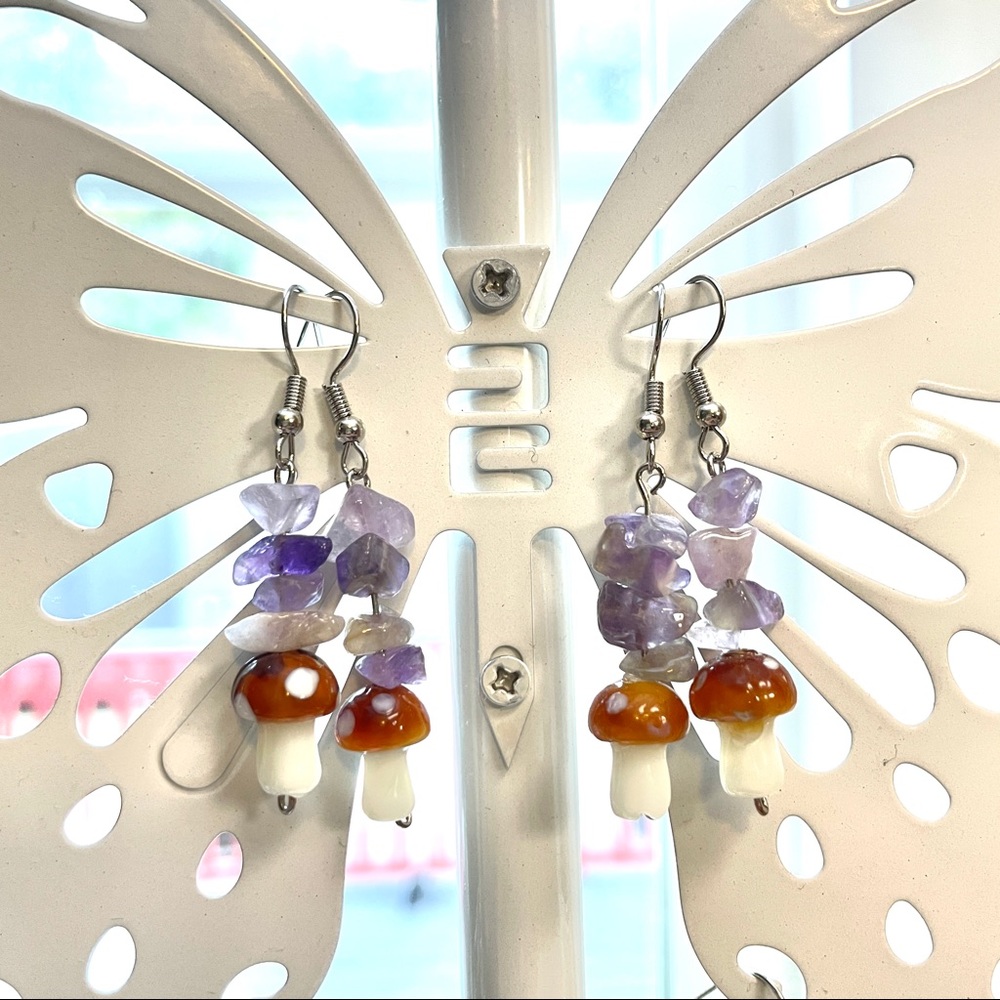 Amethyst Chips Mini Mushroom Drop Earrings